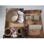 Two boxes of stoneware - Jars - Bread bin - Hot water bottle - mugs etc