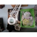 Two boxes of mixed items to include magnifying lamp, glasses, plates, jugs etc