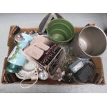 A box of mixed items to include - Thimbles , Gilt mirror , plates , cups , dishes etc