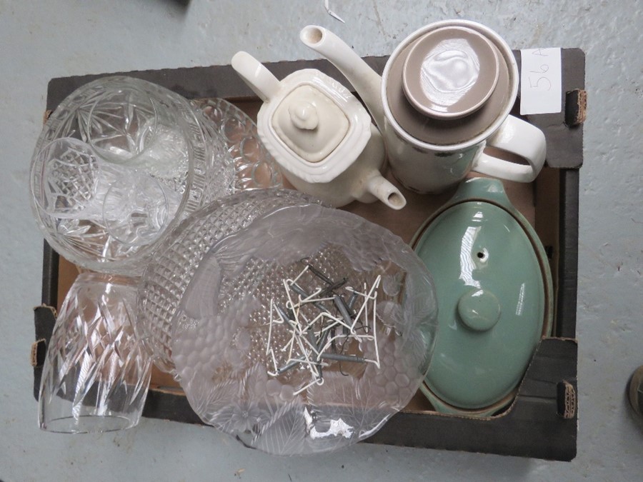 A box of mixed items to include Glass bowls - Studio teapot - casserole dish etc