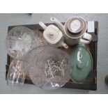 A box of mixed items to include Glass bowls - Studio teapot - casserole dish etc