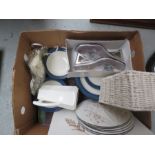 A box of items to include Blue & White Denby mats - Timothy Hitsman shoes etc