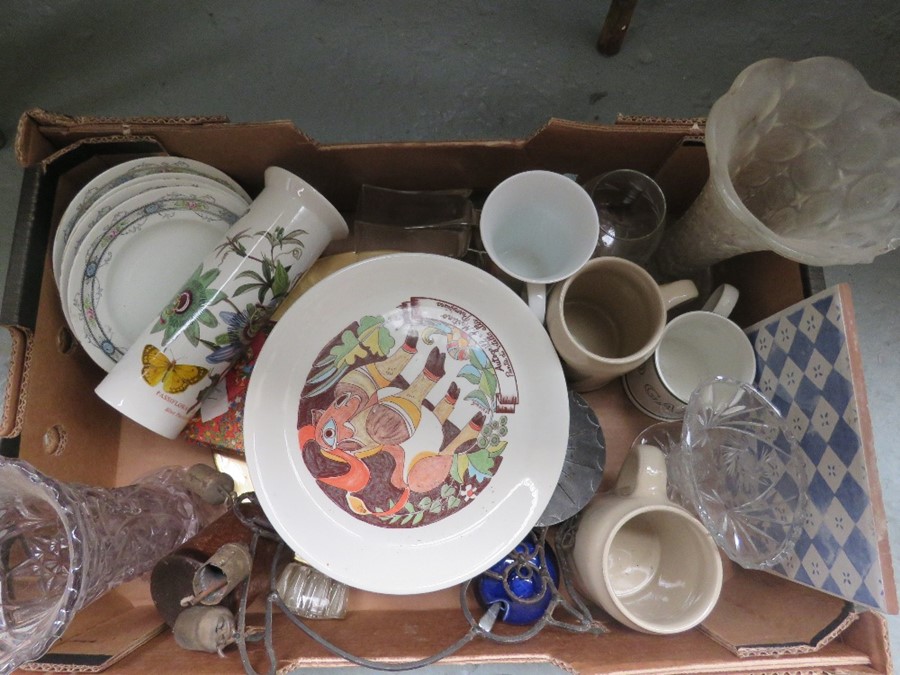 A box of ceramics to include Botanic garden vase, Glass vases , Tankards etc