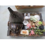 A box of mixed items to include - Wooden bowls - Black cat - Butter dish etc