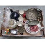 A box of mixed items to include a Bohemia glass bell - Mugs - Clogs - Royal falkon plates etc