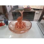 An Art deco pink glass flower arranging bowl in three sections with a fish in the middle