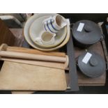 A group of kitchenalia to include chopping boards - mixing bowls - cast iron pans and a towel rail
