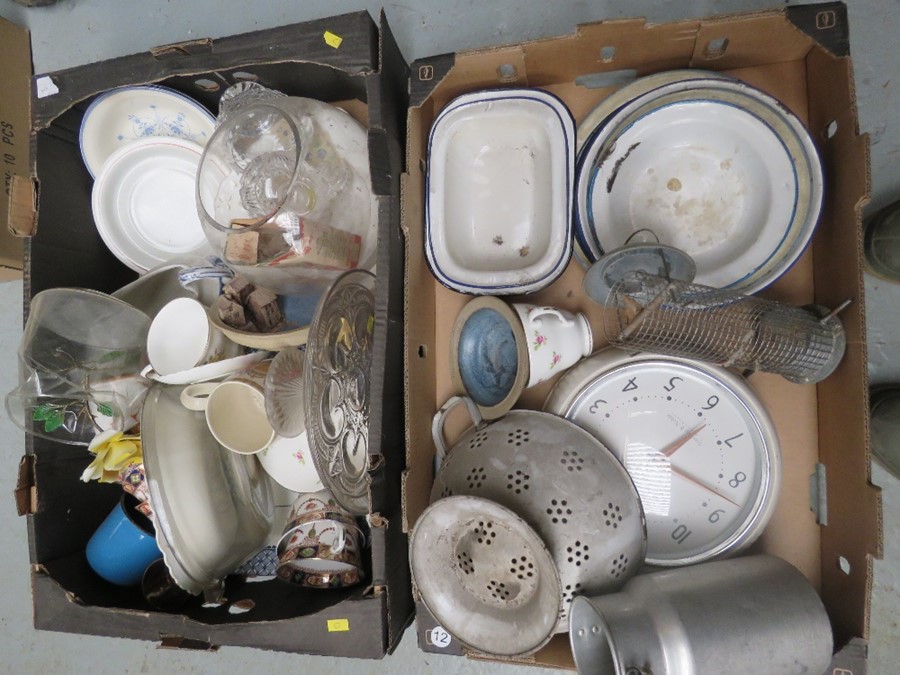 Two boxes of mixed items to include a clock - Enamel ware - Glasses etc