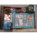A box of items to include - Dolls tea set - Jungle bird etc