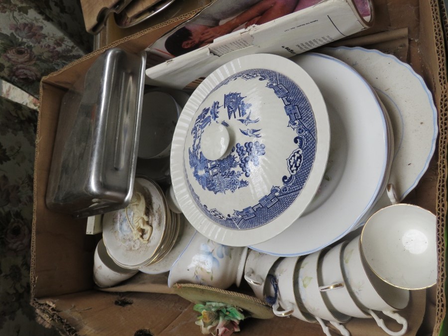 A Royal Stuart part dinner/tea service together with a willow pattern casserole dish and other