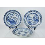 Three late 18th / early 19th century Chinese blue and white plates, one depicting floral and