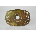 A vintage Chinese natural handcarved heitian jade oval plaque depicting dragon and phoenix. 15.5cm