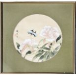 A Japanese roundel gouache on silk, depicting butterfly and peonies, 22cm diameter.