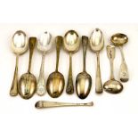 A group of silver spoons, to include two Georgian sauce spoons London 1816, 4.49toz