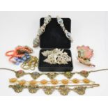 A group of Art Deco style brooch / earrings, and vintage jewellery to include enamelled necklaces,