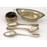 Two silver dessert spoons, engraved with initial C, and three silver teaspoons, together with a