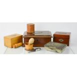 A group of treen and antique boxes, to include mahogany money box, cigarette box, and others.