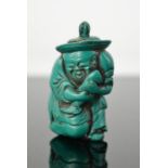 A Chinese turquoise colour hand carved snuff bottle of fisherman . 6cm high by 4cm