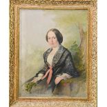 A 19th century oil on board, portrait of a lady with pink bow, unsigned, 44 by 33cm.