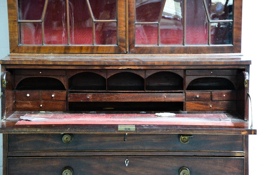 A Georgian mahogany secretaire bookcase, with two upper astrigal glazed doors enclosing height - Image 3 of 3