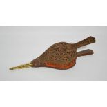 An antique pair of wooden and leather bellows, with brass tip, pierced decoration on one side and
