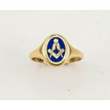 A 9ct gold Masonic swivel signet ring, with blue enamel ground, size V, 5g.