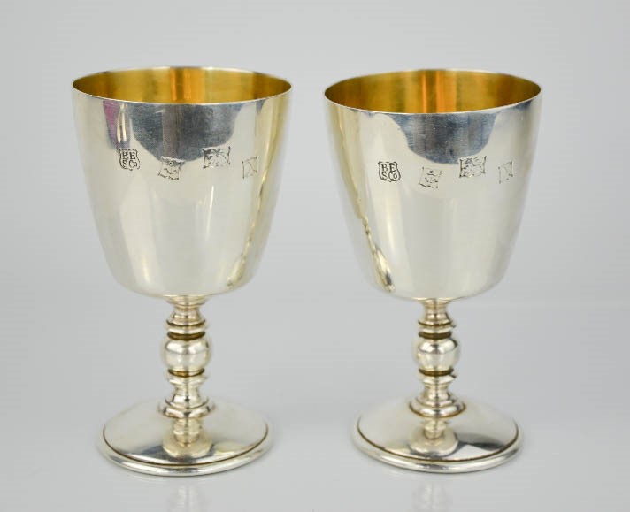 Two silver presentation goblets with gilded interiors, Birmingham 1972, engraved with shield form