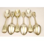 A set of six silver dessert spoons, engraved with the initial C, London 1840, 9.50toz