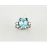A platinum, aquamarine and diamond ring, the emerald cut aquamarine 7.42ct, flanked by two