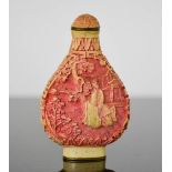 A19th Century Chinese signed hand carved bovine bone snuff bottle, figures in landscape, with