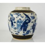 A 19th century Chinese ginger jar, stone ware with blue and white glaze, depicting figures and