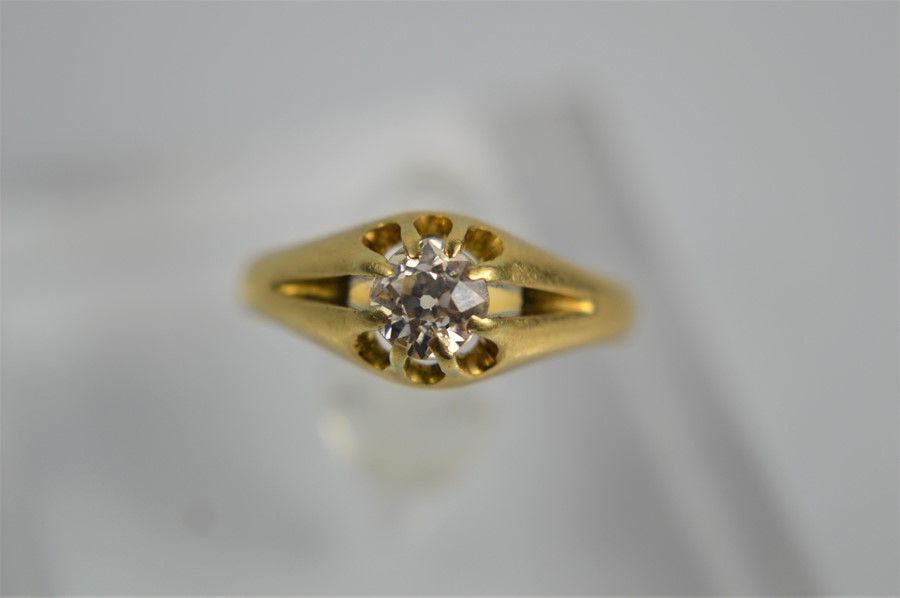 A Victorian 18ct gold and diamond solitaire ring, dated 1888, the old cut diamond approximately 0.