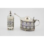 A silver salt with blue glass liner and a matching mustard pot, Birmingham 1927, 1.49toz silver.