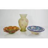 An Iznic style dish, a hand painted glass vase 26cm high, and a Carnival glass bowl.