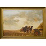 JER Godderidge (20th century): oil on board, three shirehorses pulling plough in field, signed and