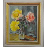 Jean Bates (20th century): still life of roses, oil on board, 24 by 19cm.