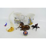 A Murano glass winged horse and bird, a Beswick pony and a millefiori paperweight, and a Raffles