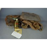 Two vintage leather bags and a Brass paraffin blow torch