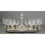 A silver plated tray together with a cut glass decanter and group of crystal glasses.