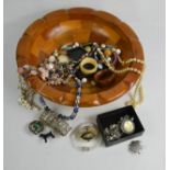 A group of costume jewellery, to include bangles, necklaces, Scottish brooch, pill box and a treen