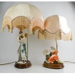 A Capo Di Monte lamp base modelled with lovers, and the other modelled with doves upon a floral