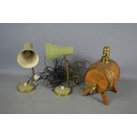 A pair of vintage table lamps together with a Nelcraft lamp in the shape of a cask barrel