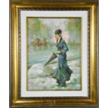 T Principe (20th century): Lady with Umbrella, oil on canvas, together with certificate from Atelier