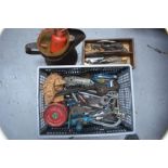 A quantity of vintage tools to include , spanners, Garrington pipe wrench together with a oil jug