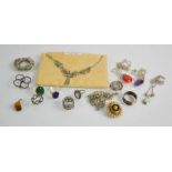 A group of jewellery to include Art Deco style marcasite ring, marcasite necklace, silver rings