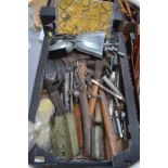 A quantity of vintage tools to include spanners , hammers and a fireside companion set