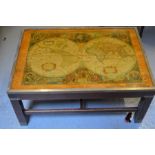 A world map brass and wood coffee table