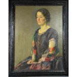 J.F. Pettinger (20th century): portrait of Mrs Wm Keay oil on canvas 1928 , in a ripple moulded