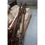 A group of hand made curtains and six Victorian curtain poles. All of the poles have rings and