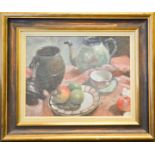 Harold Gilman? (20th century), still life of ceramics and fruit, unsigned, oil on board, 30 by 39cm.